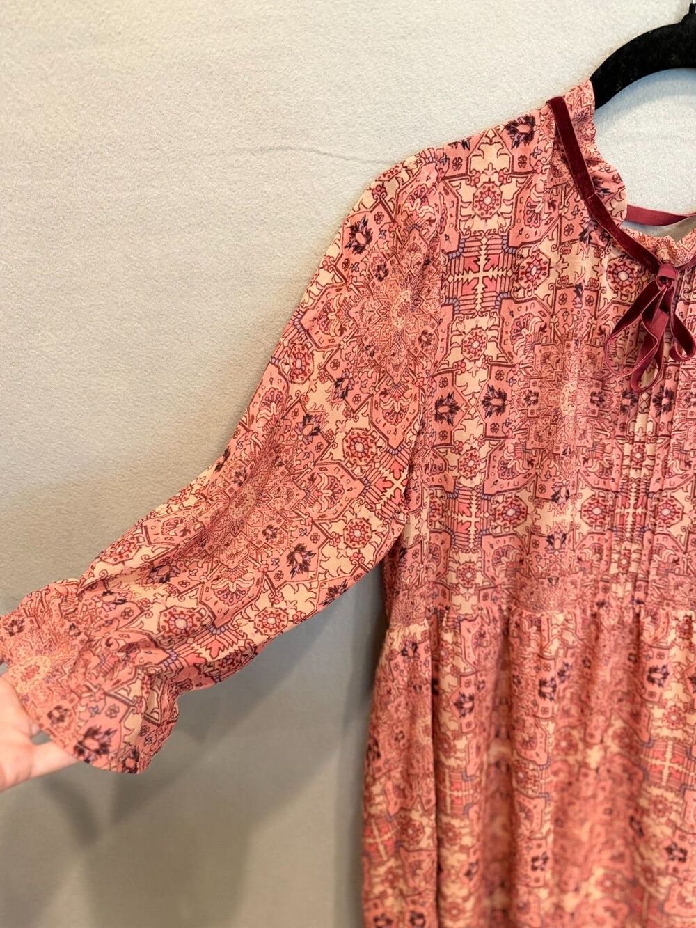 For Love & Lemons Pink Boho Babydoll Dress Velvet Tie Neck Long Sleeve Size L - Picture 4 of 8